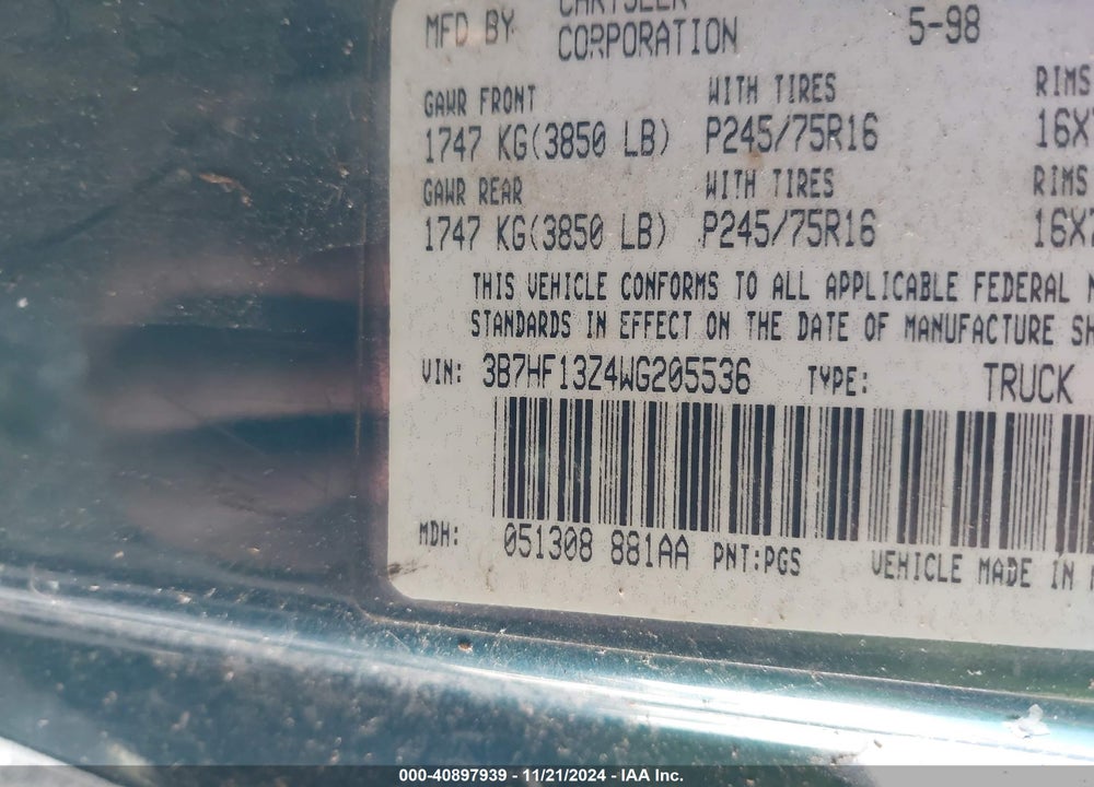 1998 DODGE RAM 1500 ST VIN: 3B7HF13Z4WG205536
