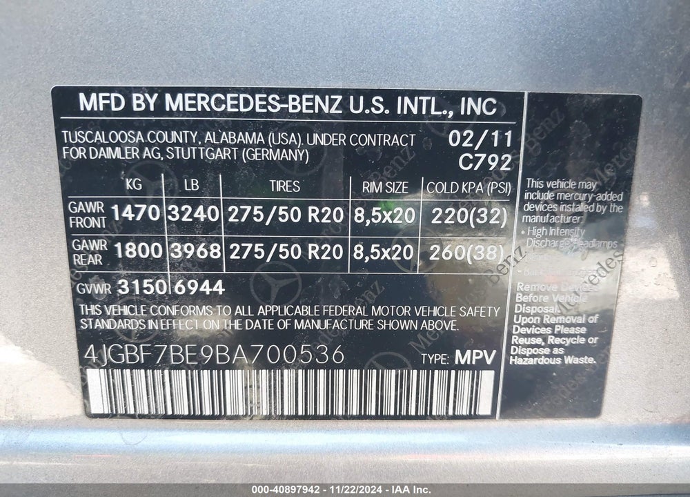 2011 MERCEDES-BENZ GL 450 4MATIC VIN: 4JGBF7BE9BA700536