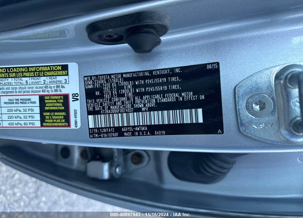 2015 TOYOTA VENZA LE/XLE VIN: 4T3BA3BB6FU074937