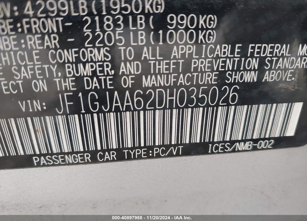2013 SUBARU IMPREZA 2.0I VIN: JF1GJAA62DH035026