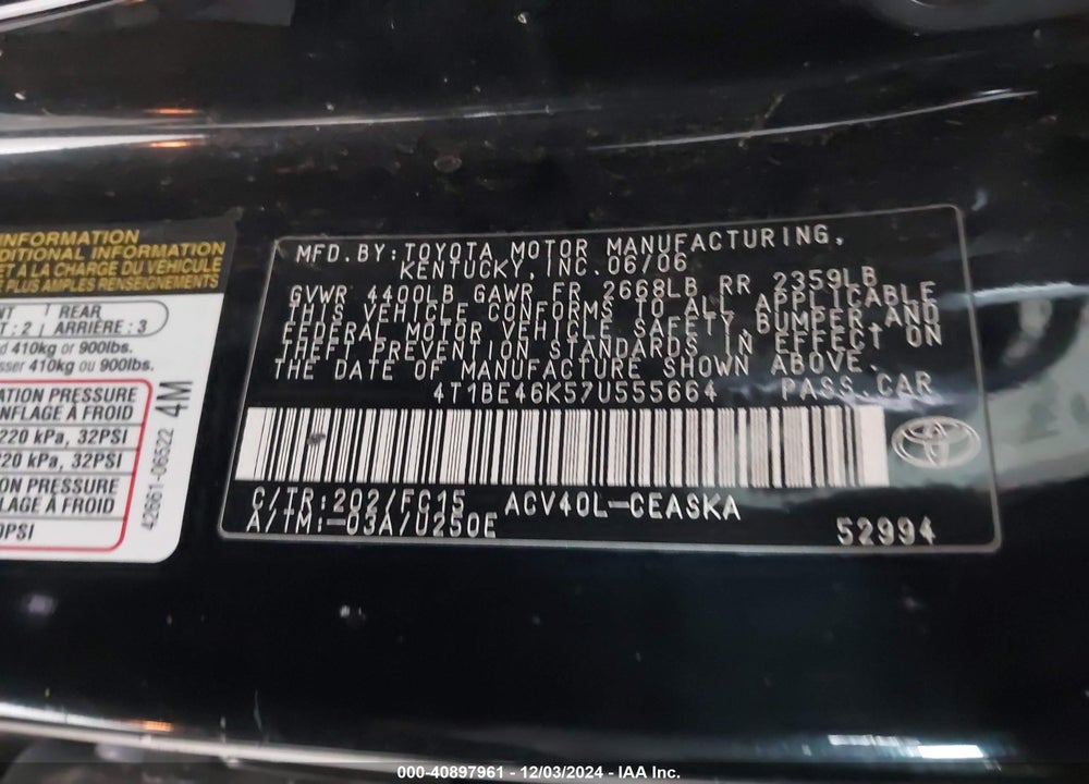 2007 TOYOTA CAMRY SE VIN: 4T1BE46K57U555664