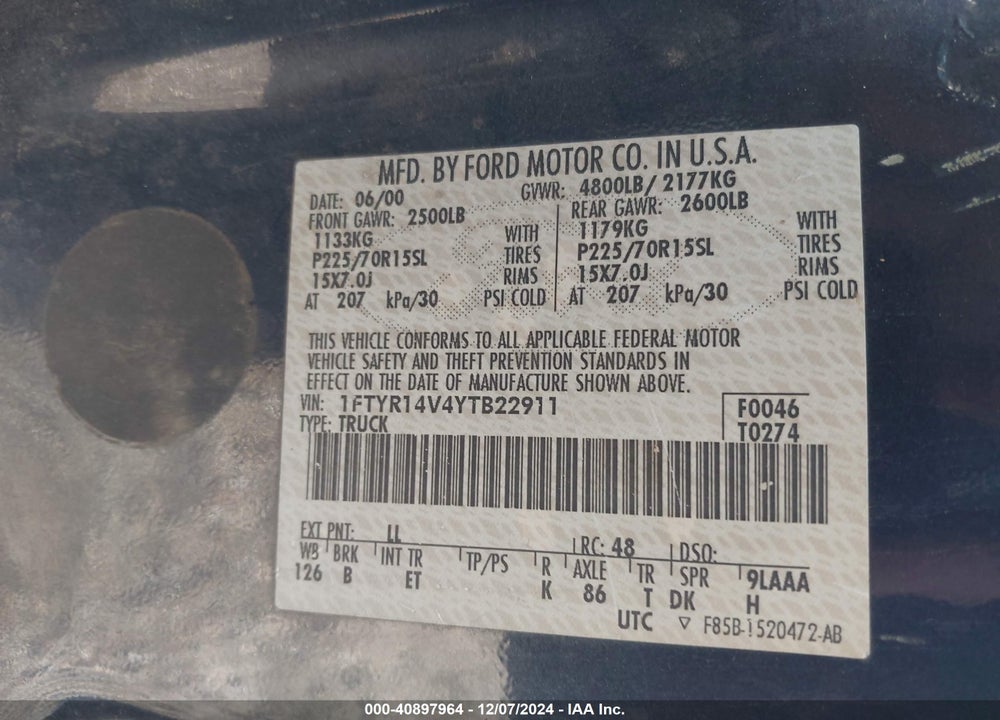2000 FORD RANGER XL/XLT VIN: 1FTYR14V4YTB22911