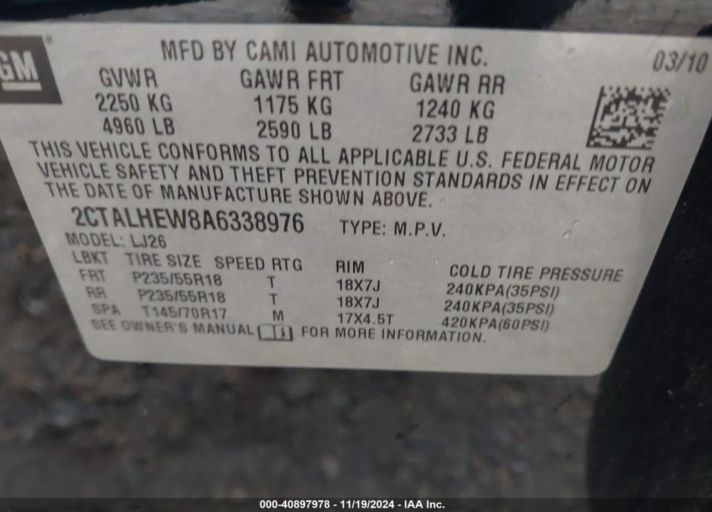 2010 GMC TERRAIN SLT-2 VIN: 2CTALHEW8A6338976