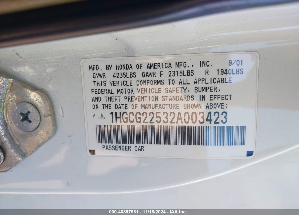 2002 HONDA ACCORD 3.0 EX VIN: 1HGCG22532A003423