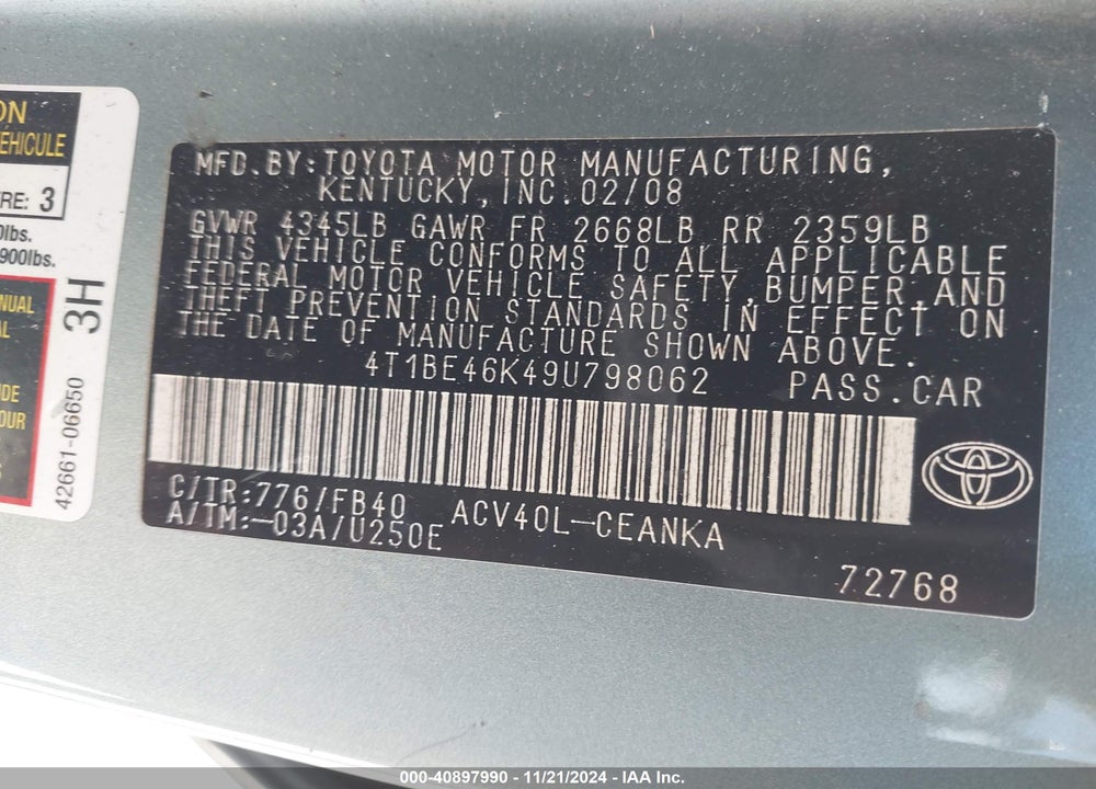 2009 TOYOTA CAMRY LE VIN: 4T1BE46K49U798062