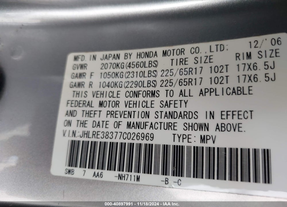 2007 HONDA CR-V LX VIN: JHLRE38377C026969