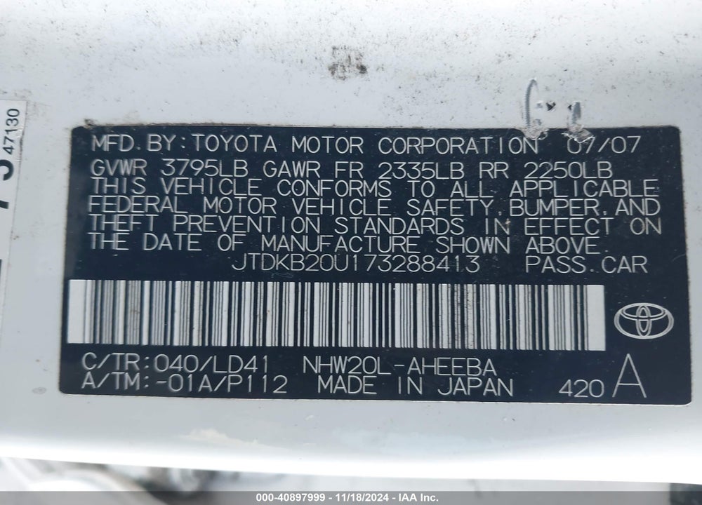 2007 TOYOTA PRIUS VIN: JTDKB20U173288413