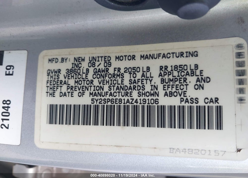 2010 PONTIAC VIBE VIN: 5Y2SP6E81AZ419106