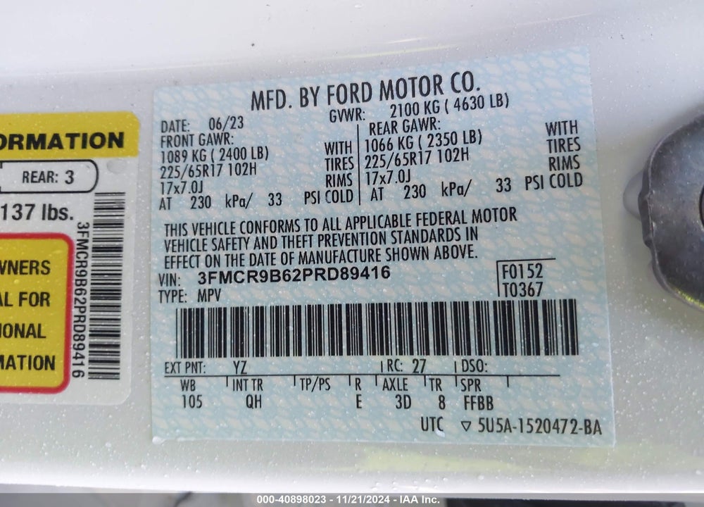 2023 FORD BRONCO SPORT BIG BEND VIN: 3FMCR9B62PRD89416