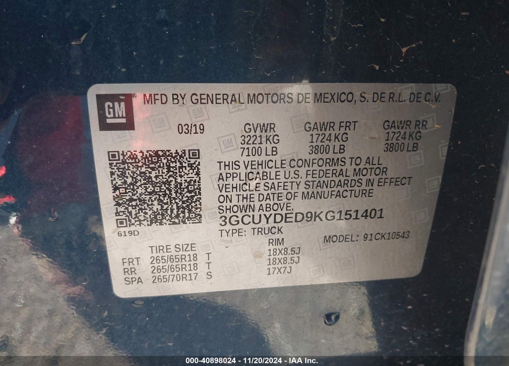 2019 CHEVROLET SILVERADO VIN: 3GCUYDED9KG151401