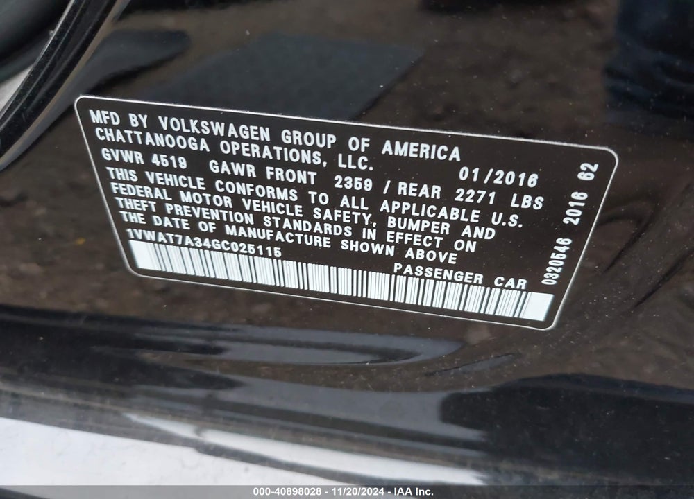 2016 VOLKSWAGEN PASSAT 1.8T S VIN: 1VWAT7A34GC025115