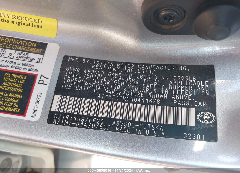 2017 TOYOTA CAMRY SE VIN: 4T1BF1FK2HU411678
