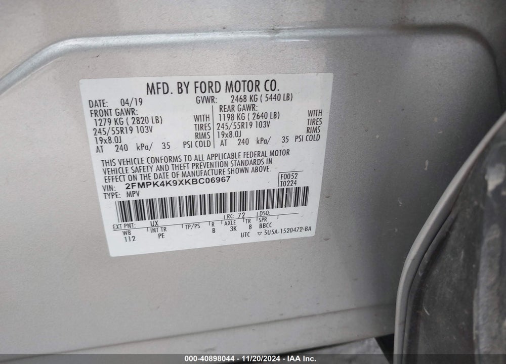 2019 FORD EDGE TITANIUM VIN: 2FMPK4K9XKBC06967