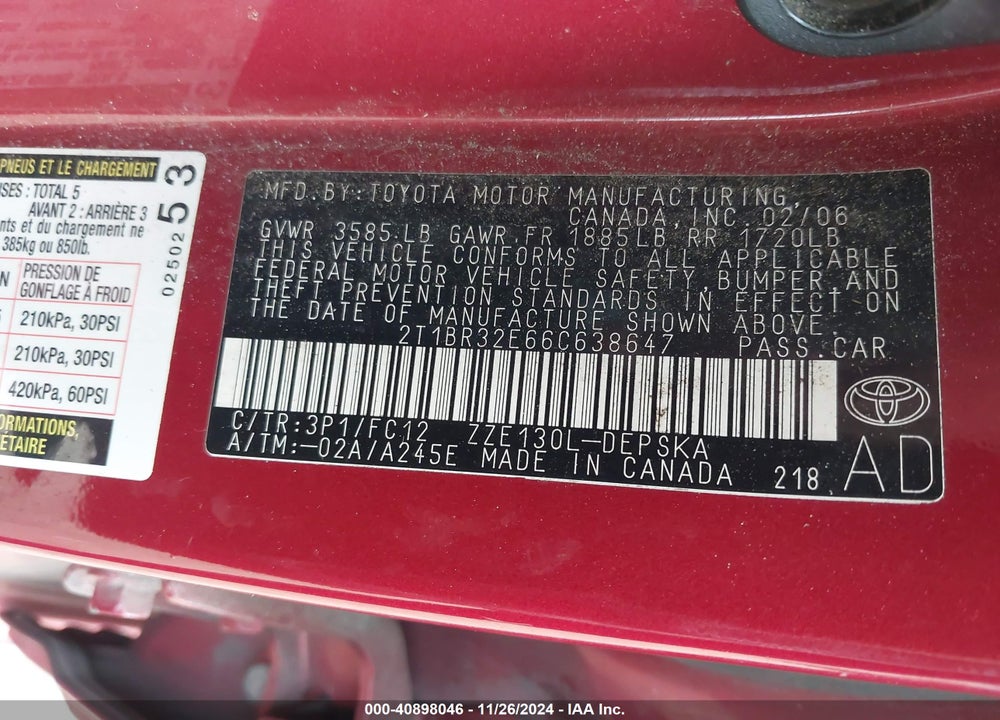 2006 TOYOTA COROLLA S VIN: 2T1BR32E66C638647