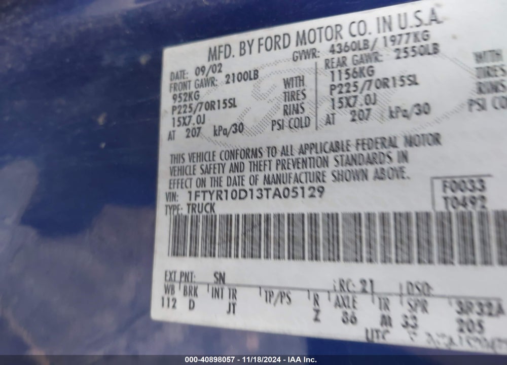 2003 FORD RANGER XL/XLT VIN: 1FTYR10D13TA05129