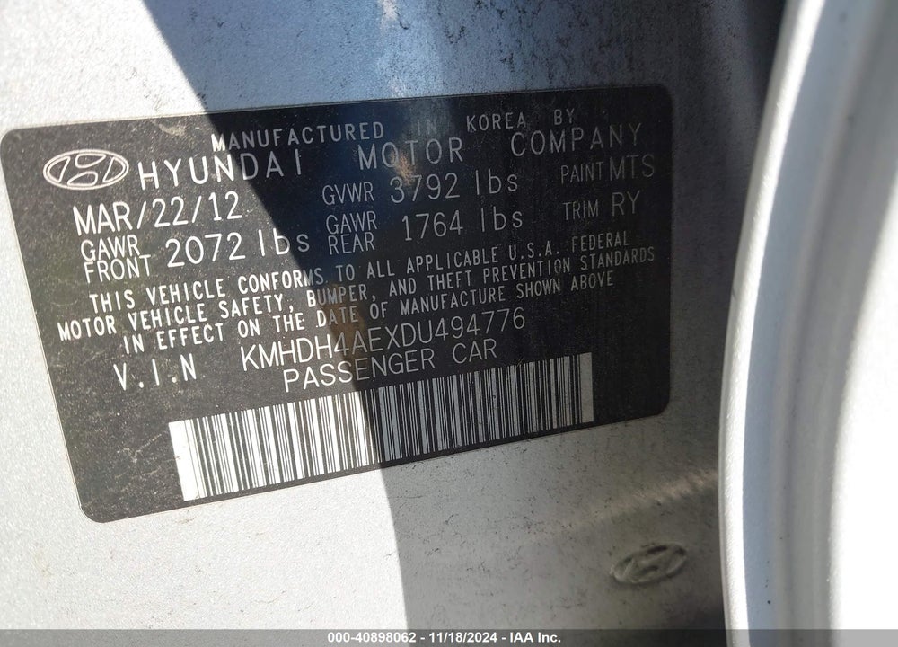 2013 HYUNDAI ELANTRA LIMITED VIN: KMHDH4AEXDU494776