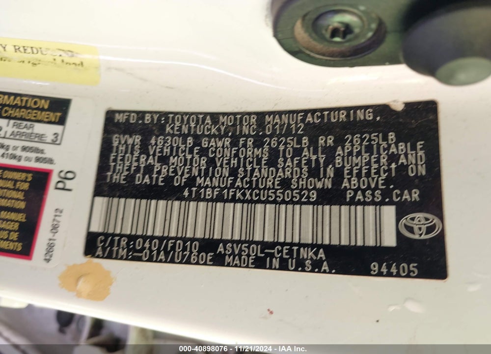2012 TOYOTA CAMRY LE VIN: 4T1BF1FKXCU550529