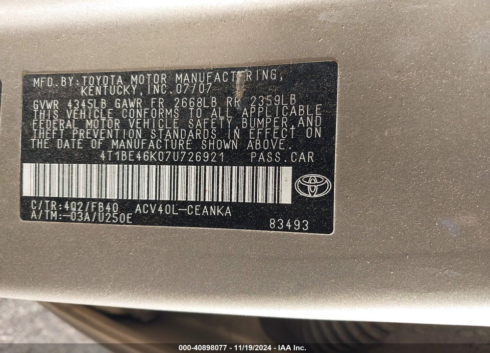 2007 TOYOTA CAMRY LE VIN: 4T1BE46K07U726921