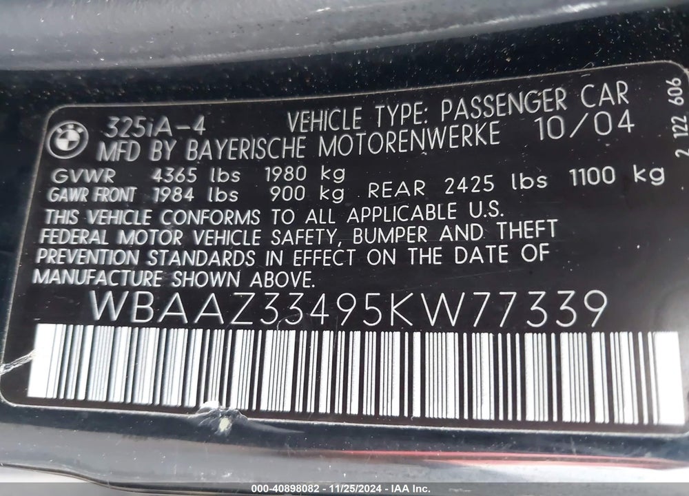 2005 BMW 325I VIN: WBAAZ33495KW77339