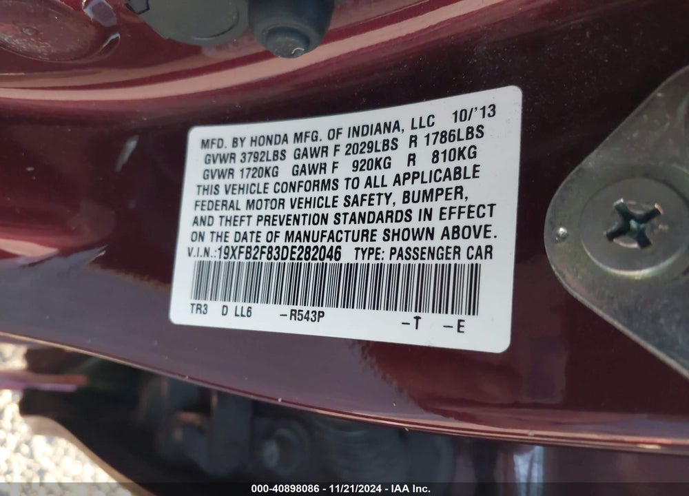 2013 HONDA CIVIC EX VIN: 19XFB2F83DE282046