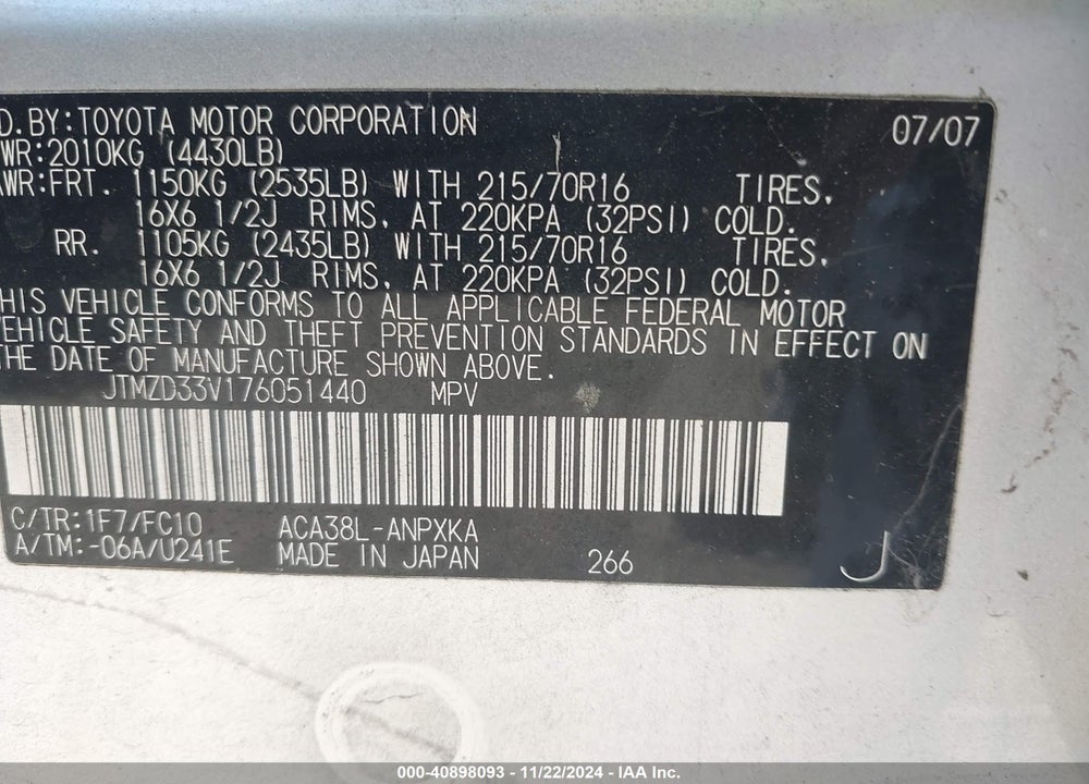 2007 TOYOTA RAV4 VIN: JTMZD33V176051440