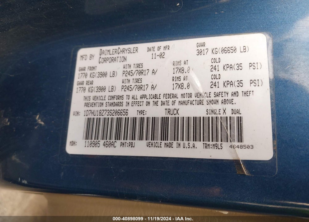 2003 DODGE RAM 1500 SLT/LARAMIE/ST VIN: 1D7HU18Z73S206656