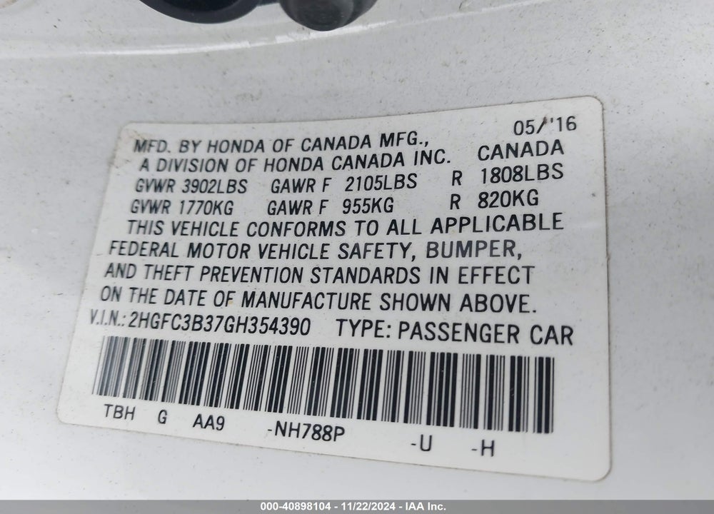2016 HONDA CIVIC EX-T VIN: 2HGFC3B37GH354390