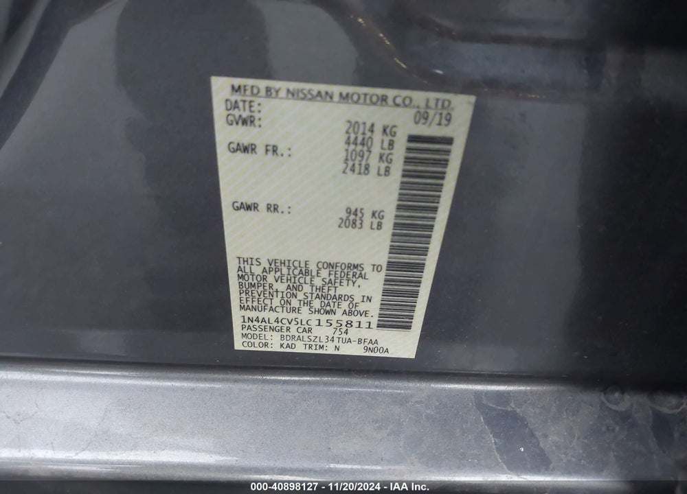 2020 NISSAN ALTIMA SR VC-TURBO FWD VIN: 1N4AL4CV5LC155811