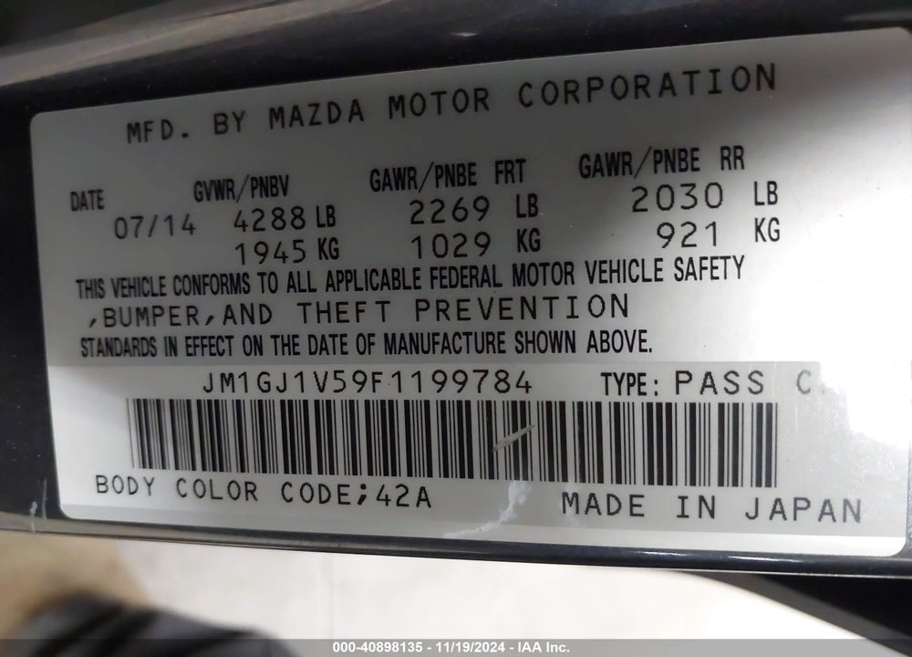 2015 MAZDA 6 I TOURING VIN: JM1GJ1V59F1199784