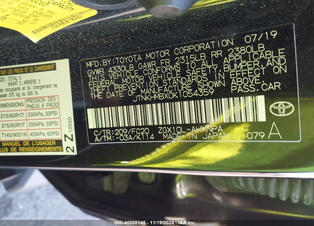 2019 TOYOTA C-HR LE VIN: JTNKHMBX0K1054359