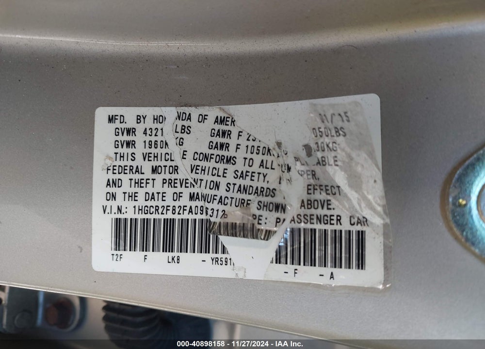 2015 HONDA ACCORD EX-L VIN: 1HGCR2F82FA096312