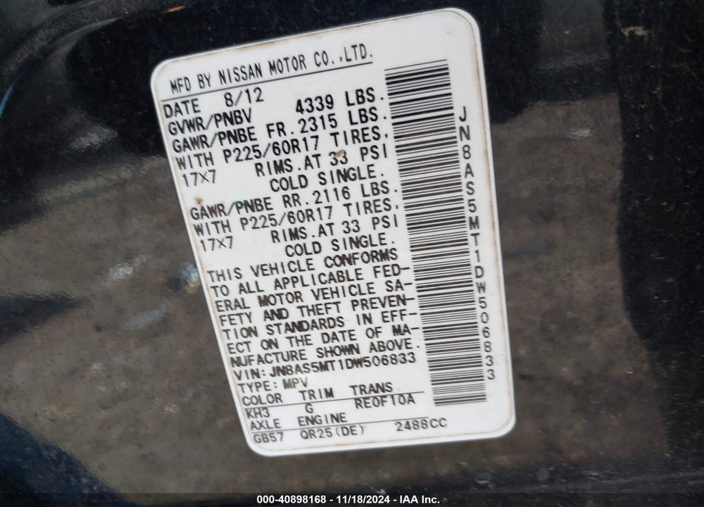 2013 NISSAN ROGUE VIN: JN8AS5MT1DW506833