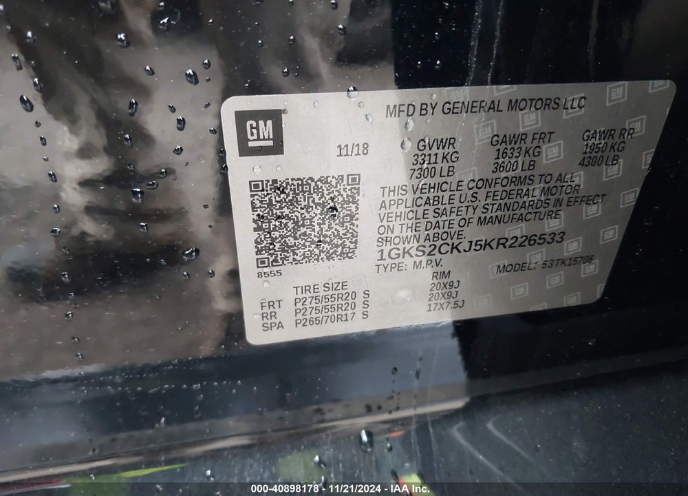 2019 GMC YUKON DENALI VIN: 1GKS2CKJ5KR226533