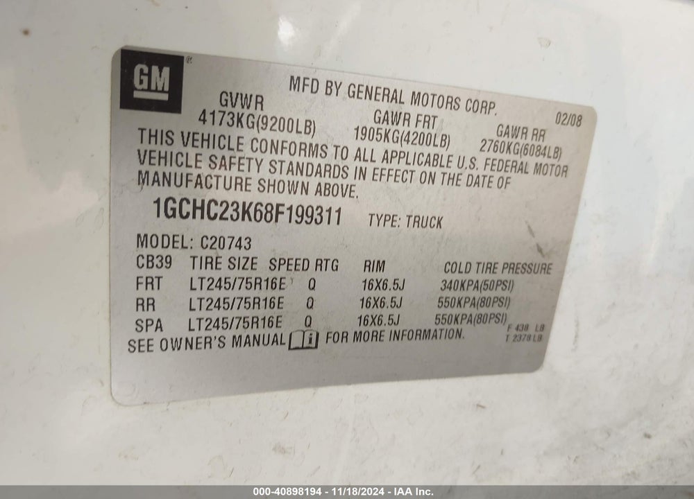 2008 CHEVROLET SILVERADO 2500HD LT1 VIN: 1GCHC23K68F199311