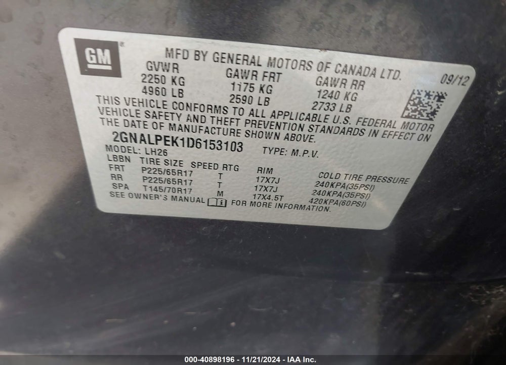 2013 CHEVROLET EQUINOX 2LT VIN: 2GNALPEK1D6153103