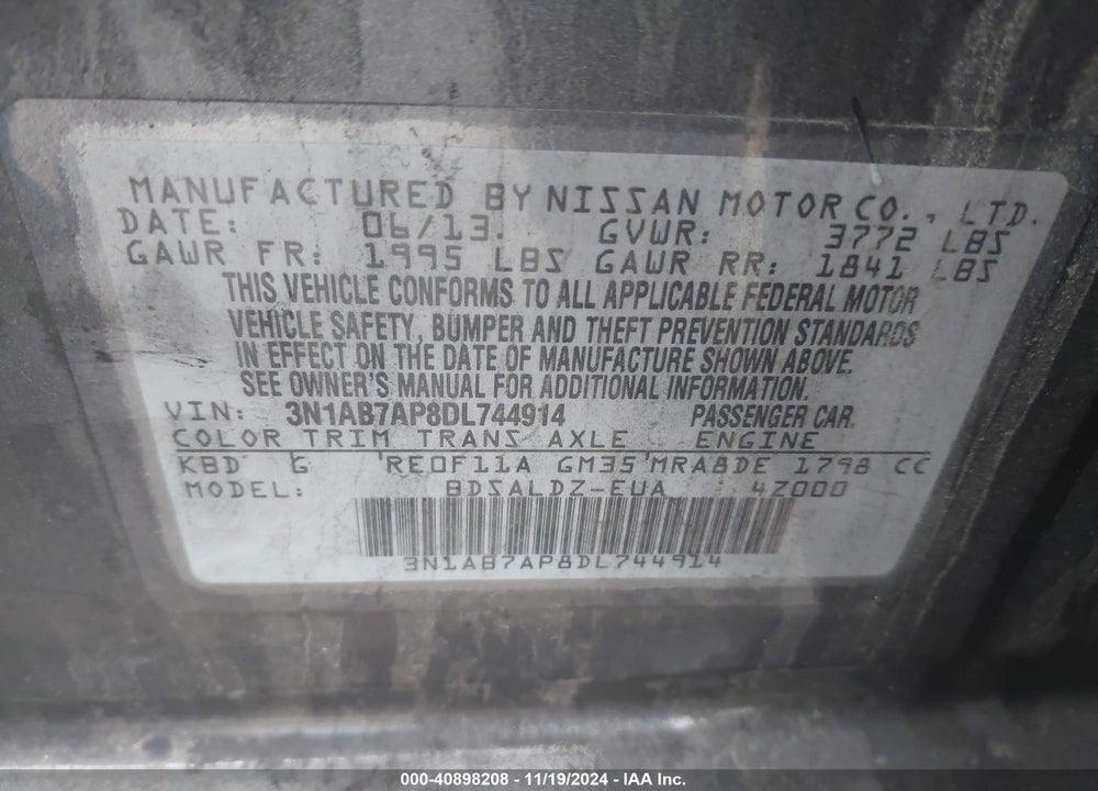 2013 NISSAN SENTRA VIN: 3N1AB7AP8DL744914