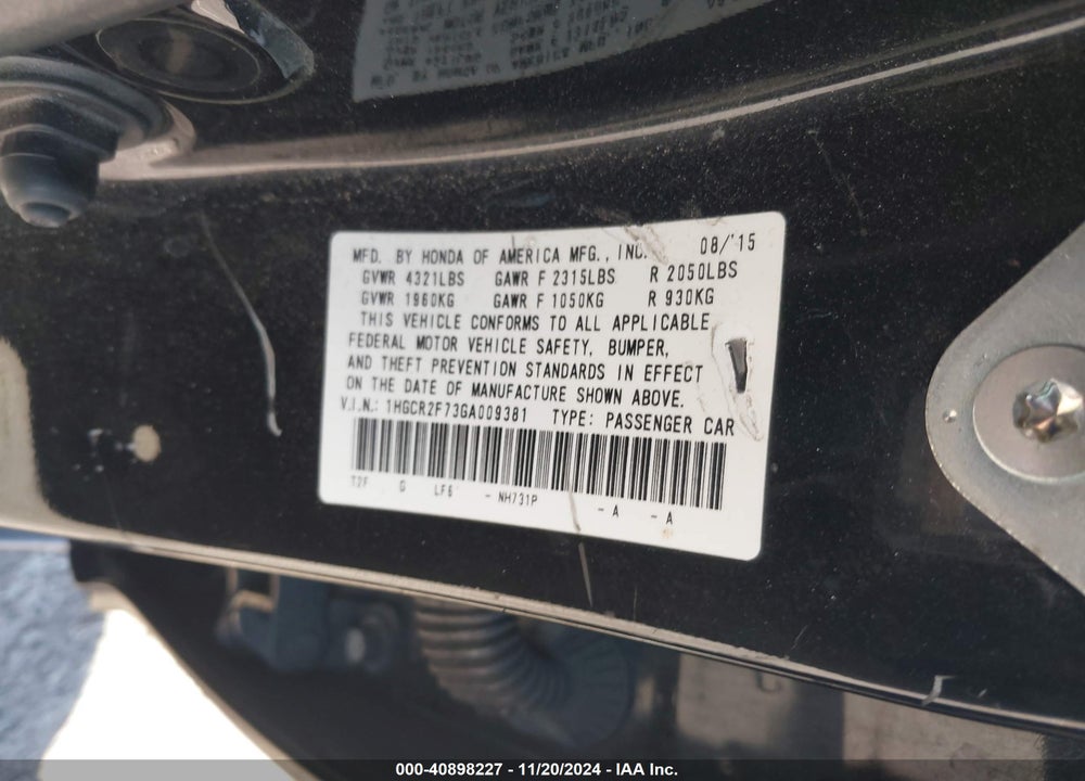 2016 HONDA ACCORD EX VIN: 1HGCR2F73GA009381