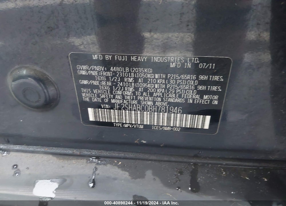 2011 SUBARU FORESTER 2.5X VIN: JF2SHABC0BH781946