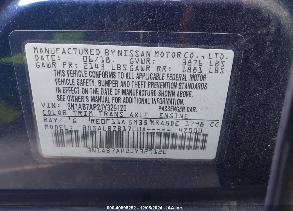 2018 NISSAN SENTRA S VIN: 3N1AB7AP2JY329120