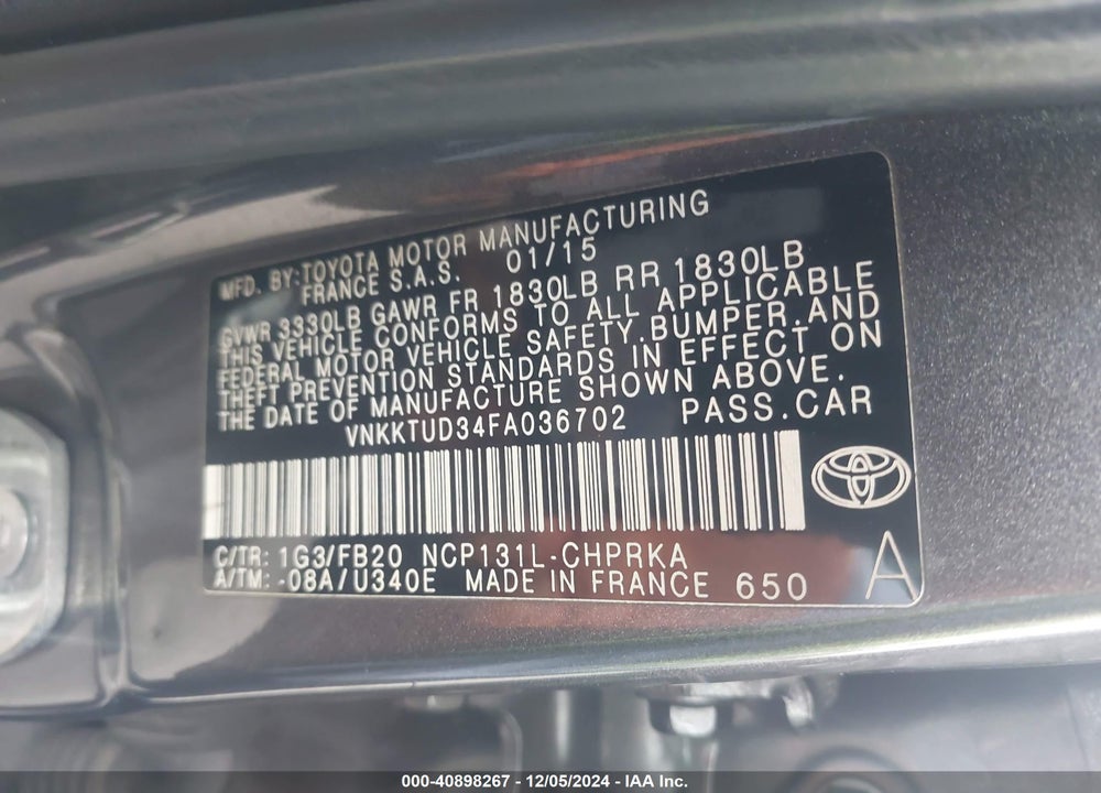 2015 TOYOTA YARIS LE VIN: VNKKTUD34FA036702
