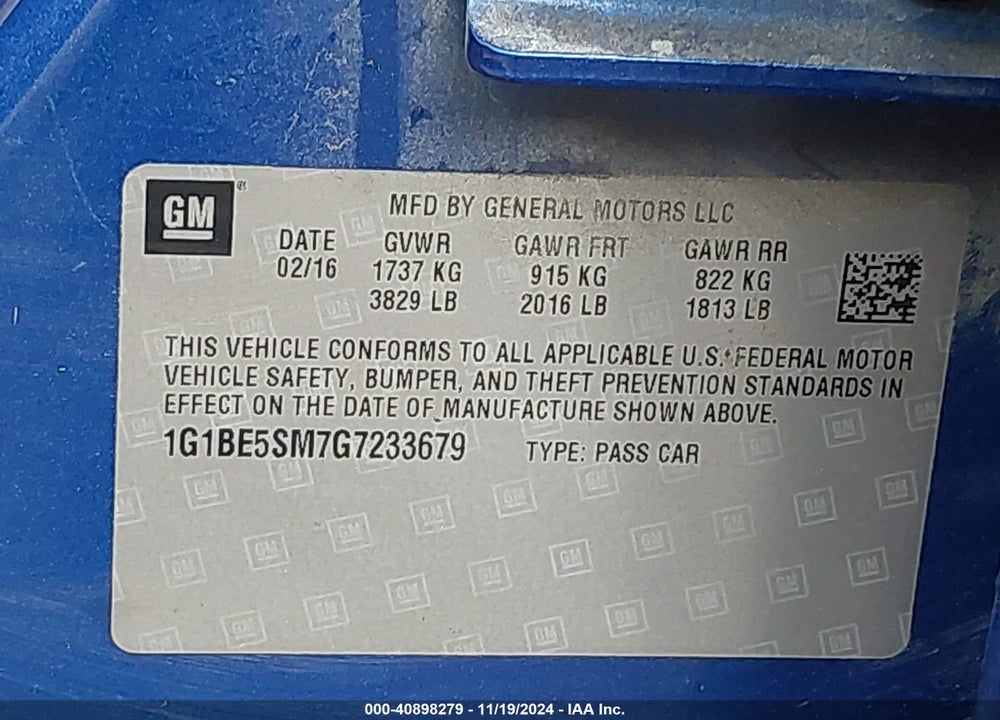 2016 CHEVROLET CRUZE VIN: 1G1BE5SM7G7233679