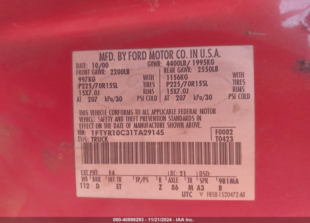 2001 FORD RANGER XL/XLT VIN: 1FTYR10C31TA29145