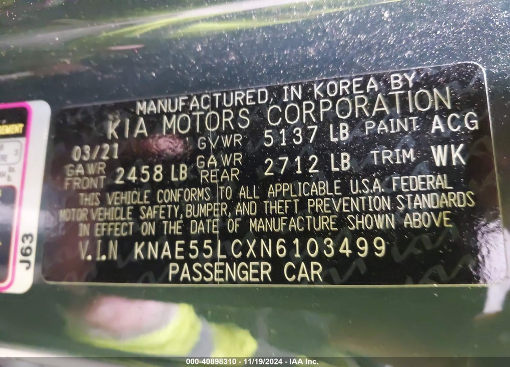 2022 KIA STINGER GT2 VIN: KNAE55LCXN6103499