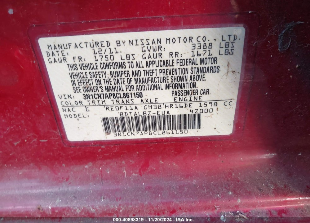 2012 NISSAN VERSA 1.6 SV VIN: 3N1CN7AP8CL861150