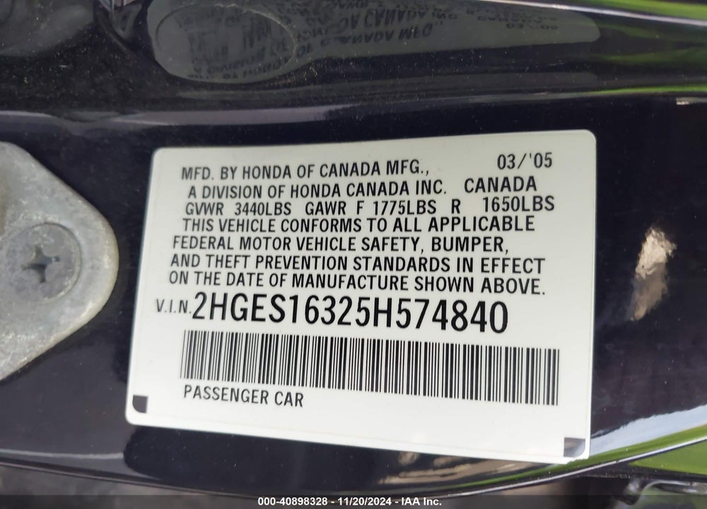 2005 HONDA CIVIC VP VIN: 2HGES16325H574840