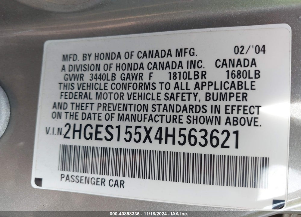 2004 HONDA CIVIC LX VIN: 2HGES155X4H563621