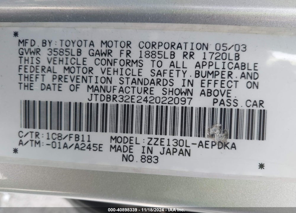 2004 TOYOTA COROLLA CE VIN: JTDBR32E242022097