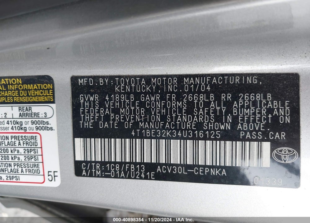 2004 TOYOTA CAMRY LE/XLE/SE VIN: 4T1BE32K34U316125