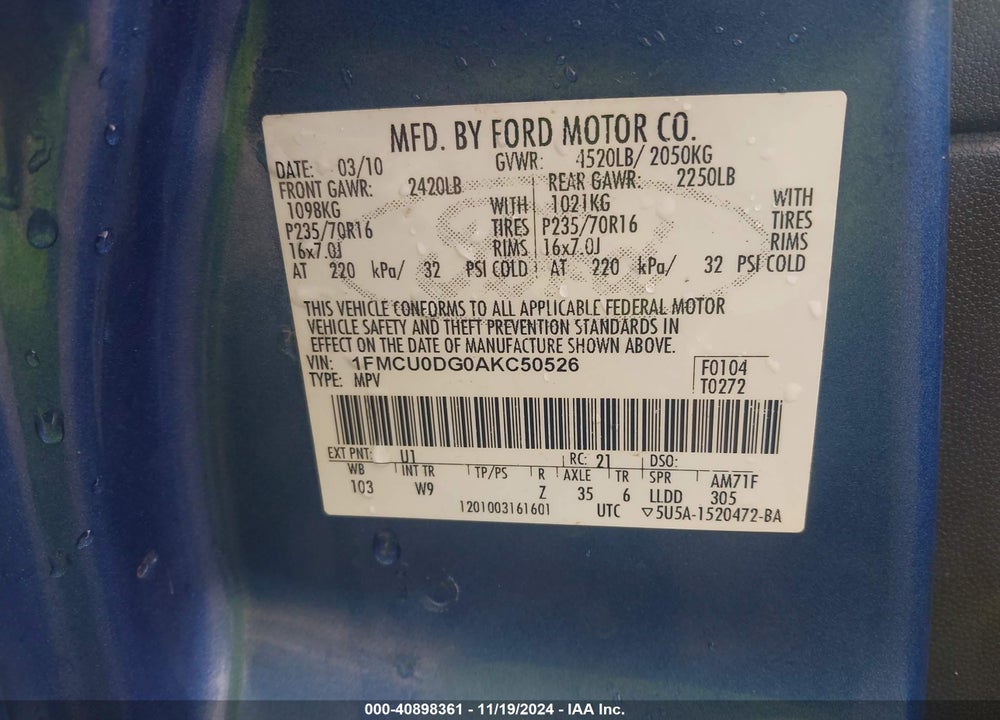 2010 FORD ESCAPE XLT VIN: 1FMCU0DG0AKC50526