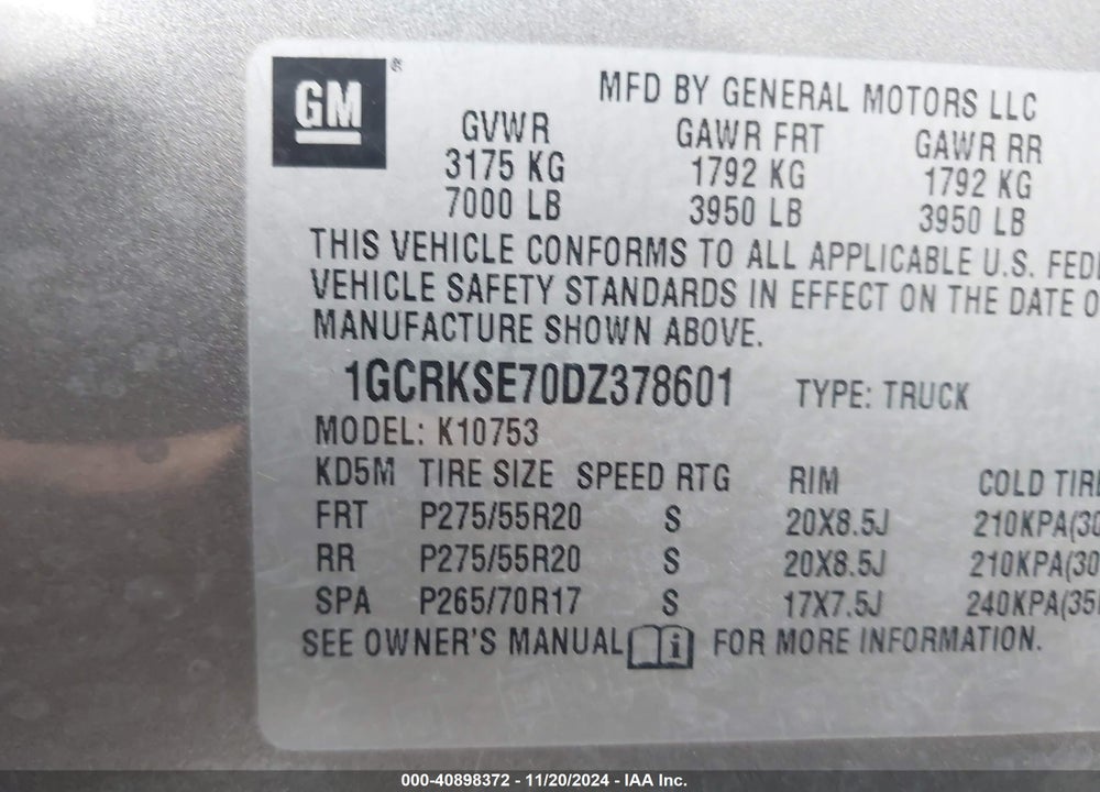 2013 CHEVROLET SILVERADO 1500 LT VIN: 1GCRKSE70DZ378601